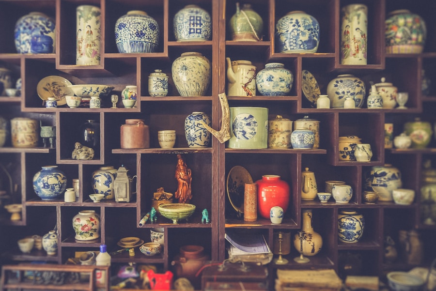 Blue-and-white ceramic ginger jars on wooden shelving